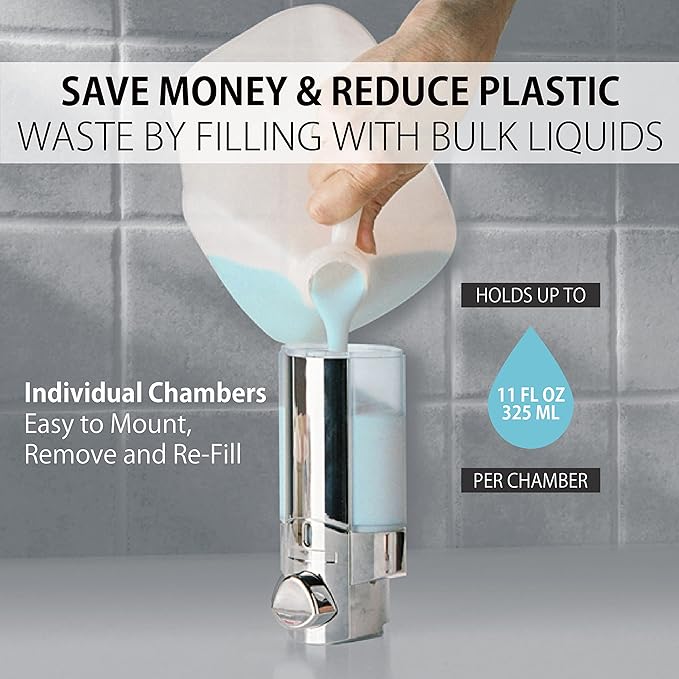 Better Living Aviva Wall Mount Shower Dispenser, 3 x 11oz, Chrome | 3 Chamber, Wall Mount Shower Soap Pump Dispenser, Built-in Hooks, No Drill, Waterproof Shampoo Soap Dispenser
