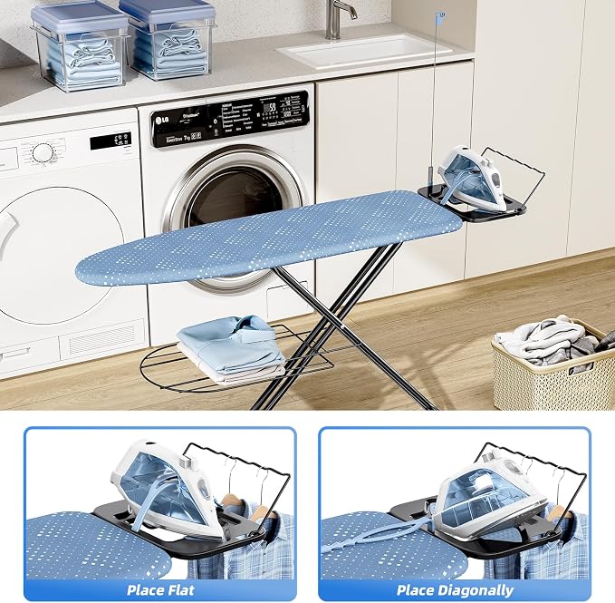 KINGBOARD Ironing Board, Compact Iron Board Full Size with Extra Thick Cover, 7 Adjustable Heights Stand with Hanger and Iron Rest, Large Heavy Duty Ironing Board with Storage Tray, 13x43 Blue