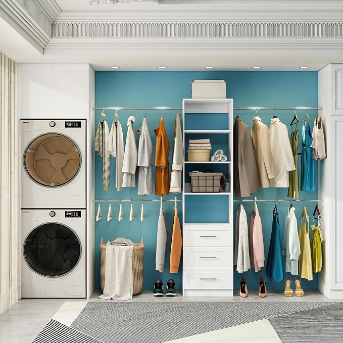 Closet System, 5FT-8FT Closet Organizer System with 3 Wooden Drawers, 99" Walk In Closet Organizer and Storage with 4 Expandable Hanging Rods, Wall Mount, White