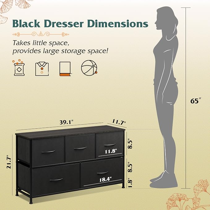 WLIVE Wide Dresser for Bedroom, 5 Drawer Chest of Drawers, Charcoal Black | 5 roomy fabric drawers, Wide storage design, Bedroom or closet use, Sturdy steel frame, Smooth wood tabletop