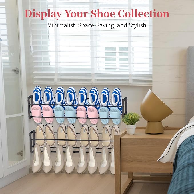 2 Pack Wall Mounted Shoe Rack for Narrow Spaces, Hanging Shoe Rack Holds 16 Pairs, 17"-30"Adjustable Heavy Duty Wall Shoe Storage with 4 Storage Hooks, Space Saving for Closet Entryway Door, Black