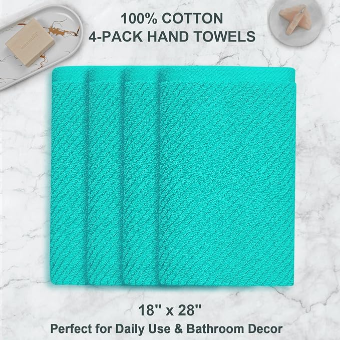 VOOVA & MOVAS Bathroom Hand Towels 4PC, 100% Cotton, 18x28 in, Turquoise | Quick Dry, Thick, Soft, Absorption, Luxury Hand Towels For Showering, Bathroom, Hotel, Spa