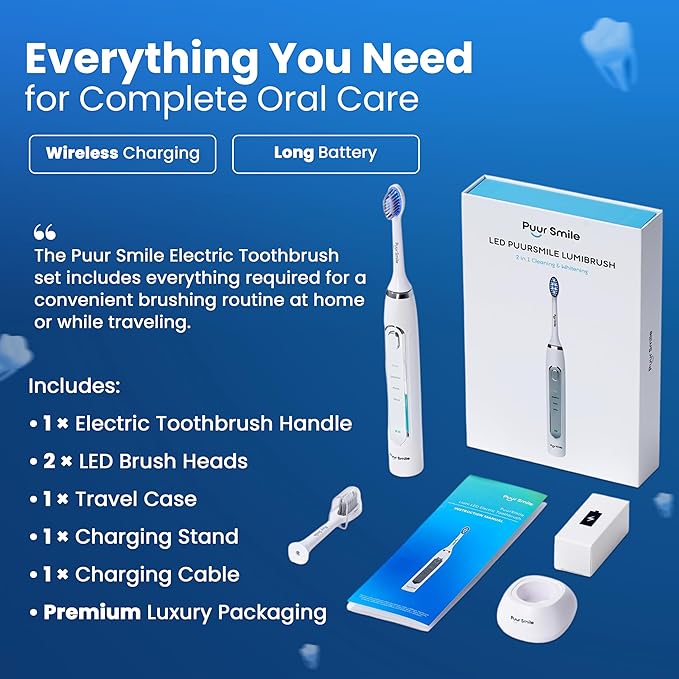 Puur Smile Soft Bristle Electric Toothbrush - 2 (Blue led) Brush Heads for Adults | 4 Cleaning Modes with Smart Timer, IPX7 Waterproof, Long-Lasting Battery & Wireless Charging Base (White)