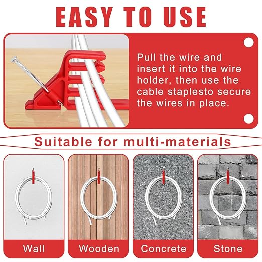 Multi CableStaples Compatible with Romex Clips, Cable Clip Stackers 100 Pack Red with Steel Nails, Electrical Wire stackers, Insulated Cord Staples Multi Cable Wire Clips for Suitable Most Cables