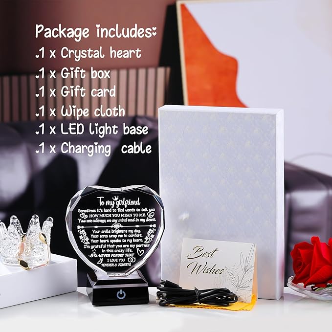Arikyrist Gifts for Girlfriend Mothers Day Heart Crystal Keepsakes to My Girlfriend with Colorful Base Anniversary Birthday Graduation Gifts for Girlfriend from Boyfiend