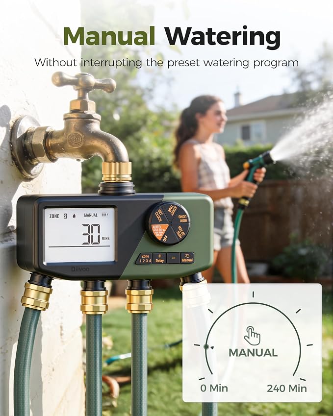 Diivoo 4 Zone Sprinkler Timer with Brass Inlet, IP68 Waterproof Water Timer,for Garden Hose with Large Display, Digital Control & Rain Delay & Manual Watering for Lawn, Yard