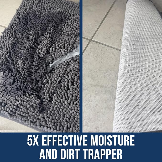 Muddy Mat Chenille Bathroom Rugs Quick Dry Microfiber Mats Non Slip Washable, Extra Thick, Soft and Highly Absorbent Bath Mats for Bathroom, Kitchen, and Shower Floor - Grey Medium 30"X19"