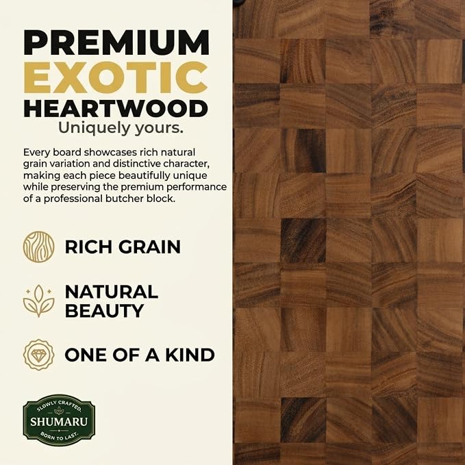 SHUMARU XL 20.5 × 14.2 × 2" End Grain Cutting Board, Professional Butcher Block, Thick Exotic Heartwood Chopping Block, Knife-Friendly, Maximum Work Space Side Handles & Non-Slip Feet