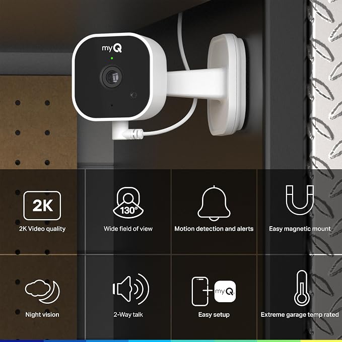 myQ Smart Garage Starter Kit: Garage Door Video Keypad + Wired Power Adapter Kit + Wi-Fi Plug-in 2K Camera, Custom PIN Codes, Wide-Angle Lens, Night Vision, 2-Way Audio, Motion Alerts and App Control