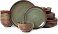 Pokini Stoneware Dinnerware Sets for 6, 18 Pieces Ceramic Plates and Bowls Sets, Chip and Scratch Resistant Dish Set, Dishwasher & Microwave Safe Plate Set, Brown Green