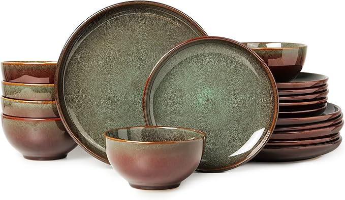 Pokini Stoneware Dinnerware Sets for 6, 18 Pieces Ceramic Plates and Bowls Sets, Chip and Scratch Resistant Dish Set, Dishwasher & Microwave Safe Plate Set, Brown Green