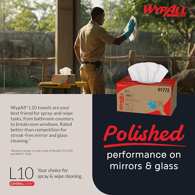 WypAll GeneralClean L10 Cloths Light Cleaning Wipes (01772), Pop-Up Box, Dairy Towels, Bulk Paper Wipers, White (18 Packs of 110 Sheets, 1,980 Sheet Total)