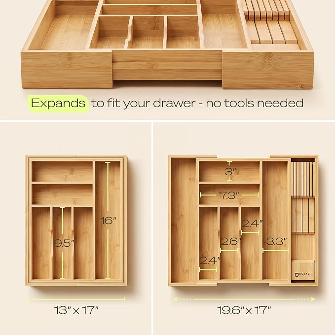 Drawer Organizer for Kitchen Organization – Expandable Bamboo Silverware Drawer Organizer with Removable Knife Block, Bamboo Cutlery, Non-Slip Utensil Organizer with 7-Slot Knife Storage for Flatware