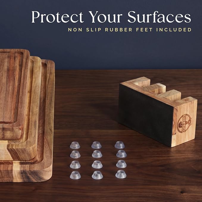 Pre-Oiled, Non Toxic 3-Piece Acacia Cutting Board Set with Stand | 15.7 x 11.8 in, 13 x 9.4 in, 10.2 x 7.1 in · FSC certified · Includes 3.4 fl oz oil · Deer & Oak