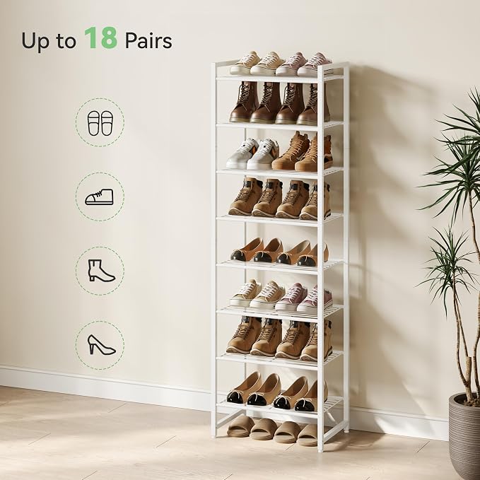 Nunsino Narrow Shoe Rack, 8-Tier Metal Shoe Organizer,Tall Shoe Shelf with Anti-Tip Strap, Max Holds 18 Pairs,Space Saving for Closet,Entryway,White