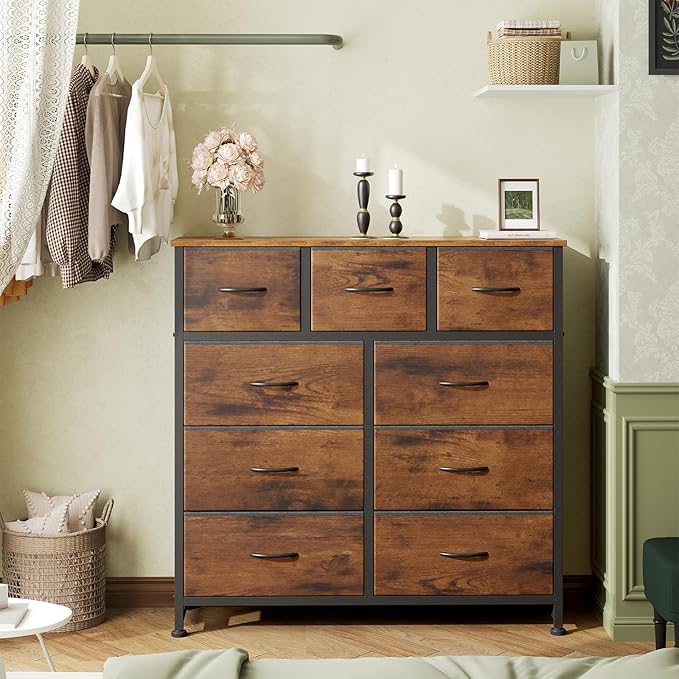 OLIXIS Dresser for Bedroom, 9 Storage Drawers, Wide Fabric Closet Chests Organizer Tower Furniture, TV Stand with Wooden Top Metal Frame for Clothes, Living Room, Hallway, Entryway, Rustic Brown