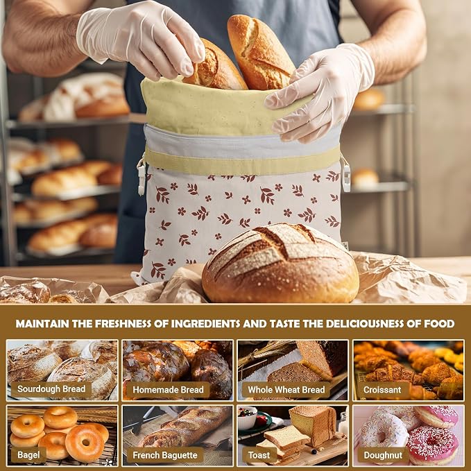 Large Linen Beeswax Bread Bags(2 Pack) Sourdough Bread Bags Reusable Double-Lock Freezer Baking Container Gift Giving for Homemade,Loaf,Sourdough,Food Storage (Vintage Leaf Pattern)