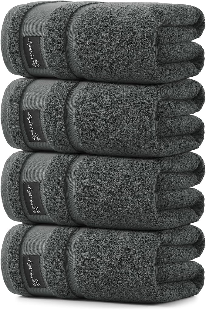REDKISS 4 Pack Large Bath Towels Set, 100% Cotton, 31x63 in, Heavyweight 760G, Highly Absorbent & Quick Dry, Super Soft Luxury Towels for Bathroom,Hotel Collection - Dark Gray