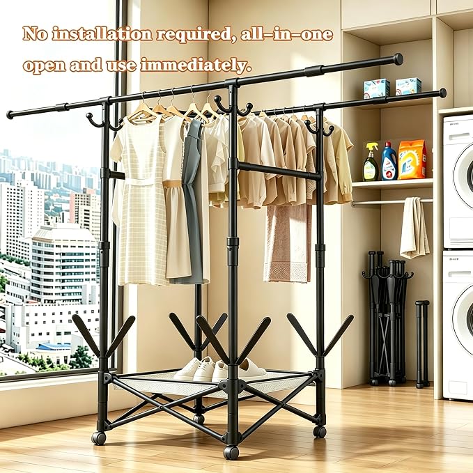 Foldable Collapsible Rolling Clothes Drying Rack,Adjustable Double Rods Laundry Airer(33.1–56.7"),Carbon Steel Pipe Standing Garment Rack for Indoor Outdoor Laundry Room (Black, B)