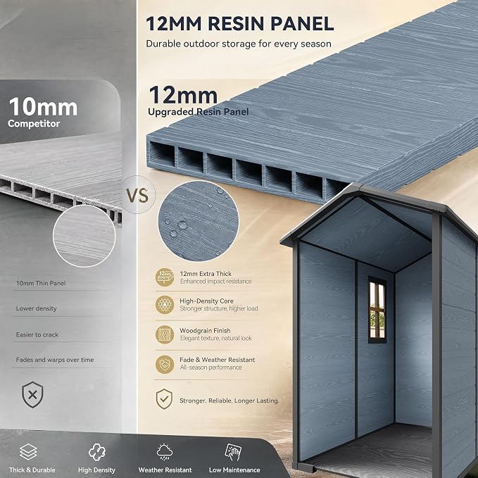DWVO Outdoor Storage Shed 4.4×6FT, Plastic Garden Resin Shed with 2 Windows, Reinforced Floor, Door Handle, Door Lock & Vents, Outdoor Tool Shed for Backyard Patio, Stores Bike Garden Tools, Blue-Gray