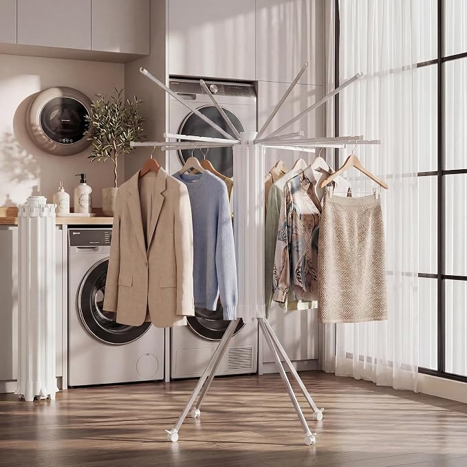 RFOUO Clothes Drying Rack Aluminum-4 Legs 16rods Single Layer, Portable Foldable Drying Rack,Space Saving Laundry Drying Rack,Drying Rack Clothing for Laundry Bedroom Household