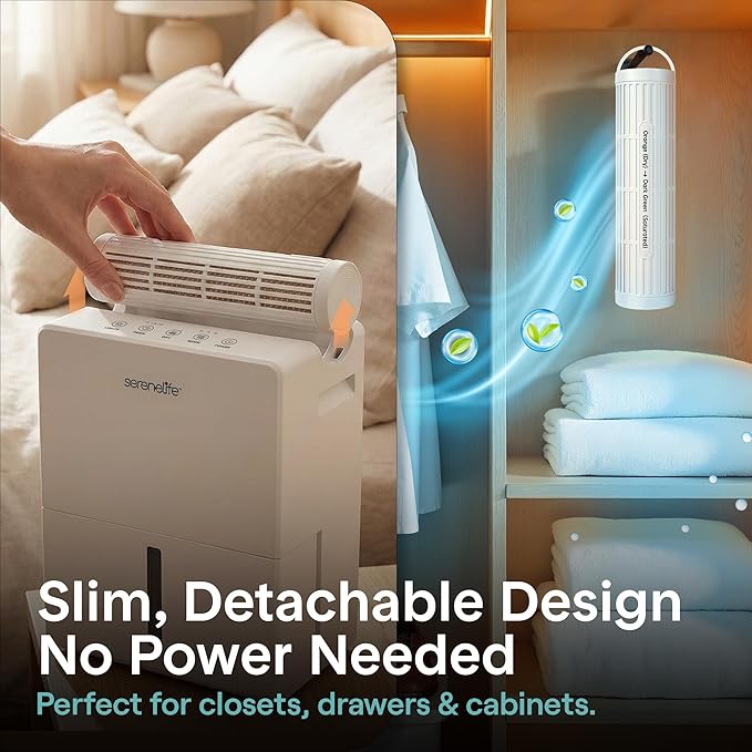 SereneLife 91 OZ Dehumidifier For Home | Covers 1200 SQ FT For Basements, Bedrooms, Bathrooms & Offices | Includes Removable Natural Dehumidifier For Closet | Set Timer, Sleep Mode & Humidity | White