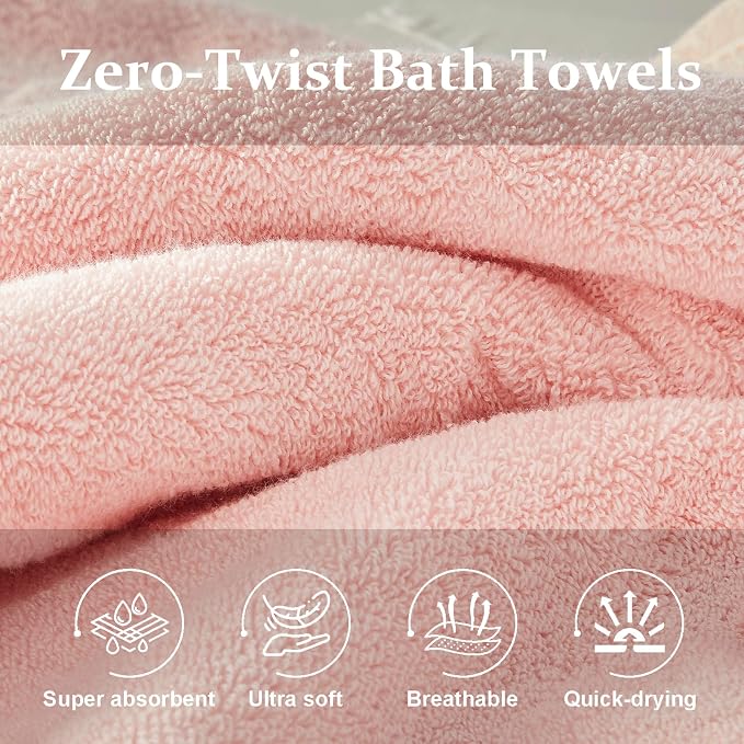 COZYART Luxury Bath Towel Set 6 Pcs, Soft Pink 100% Turkish Cotton 650 GSM | OEKO-Tex 100 Certified Zero Twist Ring Spun, Soft Absorbent Quick Dry, Plush Fluffy, Breathable Hotel Quality for Daily Use