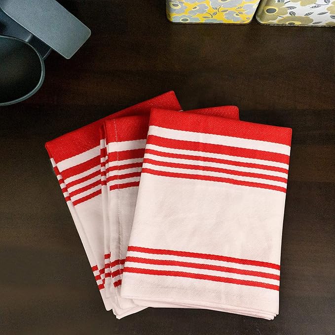 Urban Villa Kitchen Towels 100% Cotton Dish Towels for Kitchen (Set of 3) 20”x30” Dish Cloths Highly Absorbent Kitchen Linen Set with Hanging Loop Perfect for Drying Dishes Cleaning Towels-Red White