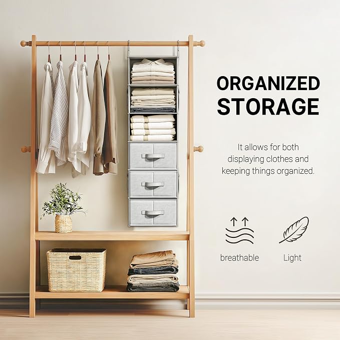 Vailando 6-Shelf Hanging Closet Organizer with 3 Drawers, Closet Hanging Shelves with Removable Fabric Drawers for Wardrobe, Nursery & Dorm Storage, Silver Gray