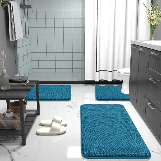OLANLY Memory Foam Bathroom Runner Rugs 44x24, Long Bath Mats, Peacock Blue | Soft Quick Dry Bath Mats, Non-Slip, Absorbent Machine Washable Mat for Bathroom Floor, Tub and Shower, Home Decor Accessories