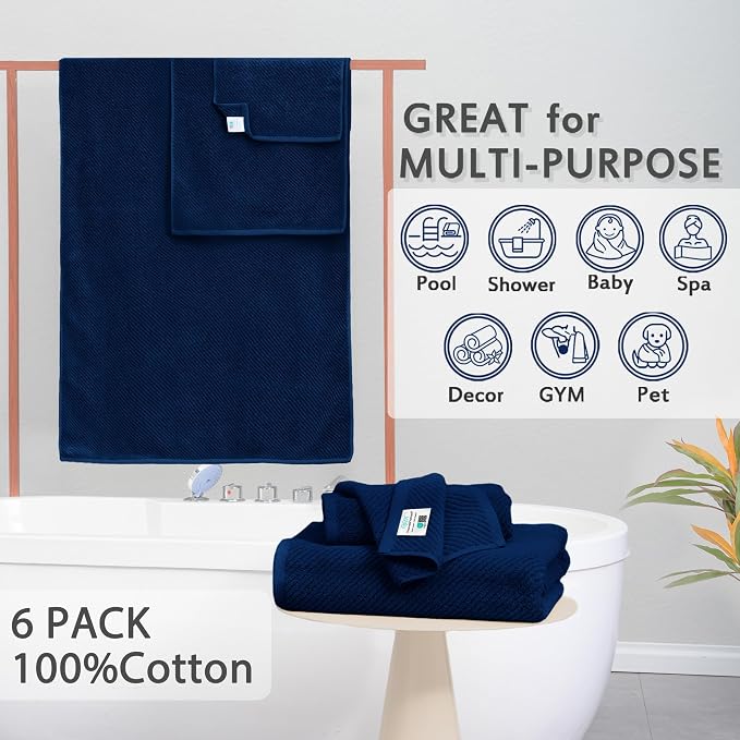 VOOVA & MOVAS 6PC Towel Set, 100% Cotton, Navy Blue | 2 Large Bath 30x56 In, 2 Hand 18x28 In, 2 Washcloths 13x13 In, Quick Dry, Thick, Soft, Quick Dry Towel For Shower