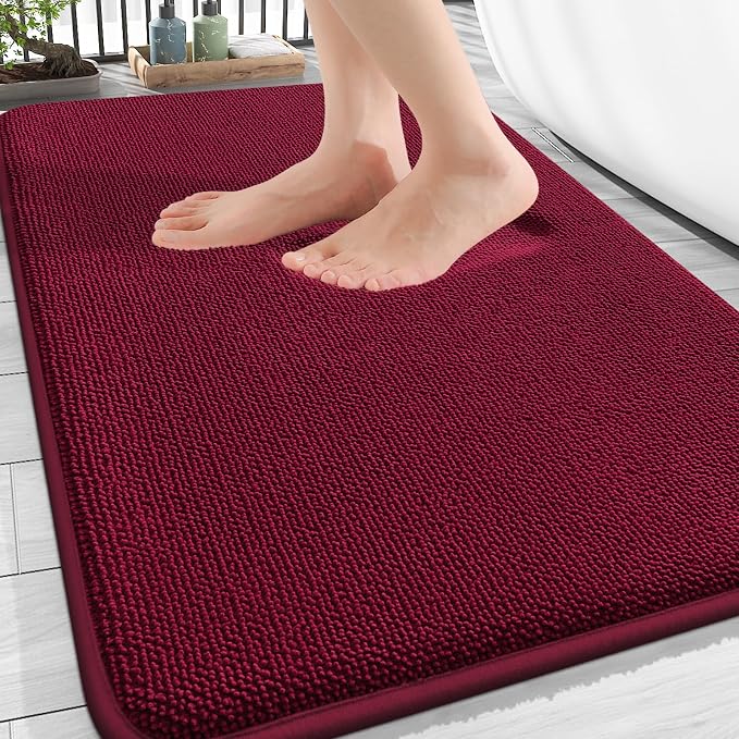 OLANLY Thick Memory Foam Bathroom Rugs 30x20, Absorbent Bath Mat, Burgundy | Soft Quick Dry Bath Rugs Mats, Non-Slip, Machine Washable Carpet for Bathroom Floor, Tub and Shower, Home Decor Accessories