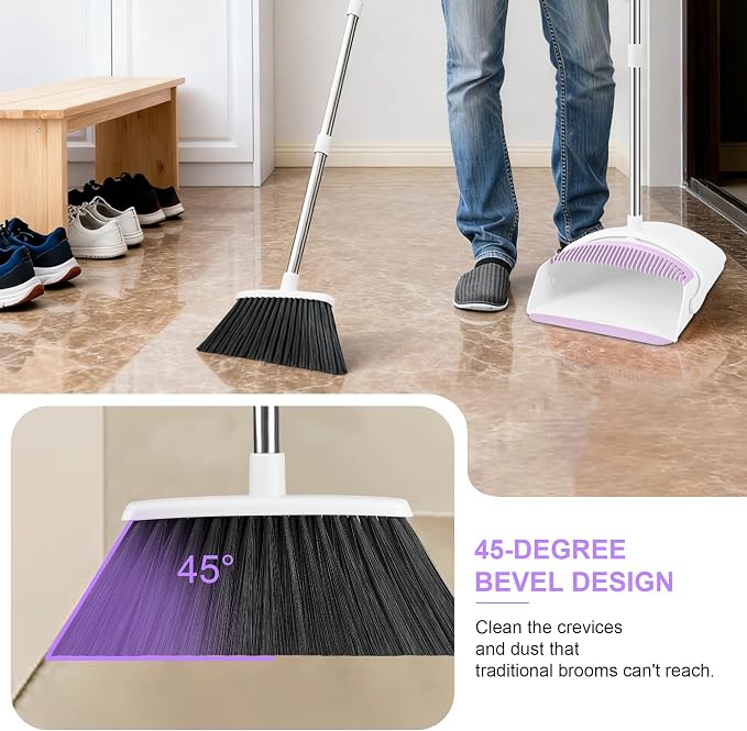 Broom with Dustpan Combo Set for Home, 52-in Long Adjustable Handle Angle Broom and Dustpan Set with Dustpan Comb Teeth for Sweeping Pet Hair Food Dirt Kitchen (White-Purple)