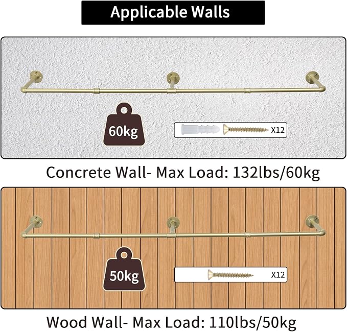 Oroonoko 72inch Gold Wall Mounted Clothes Rack, Industrial Pipe Garment Rack Hanging Rod Bar for Closet Storage,Laundry Room Up to Max Load 132lbs(Gold)
