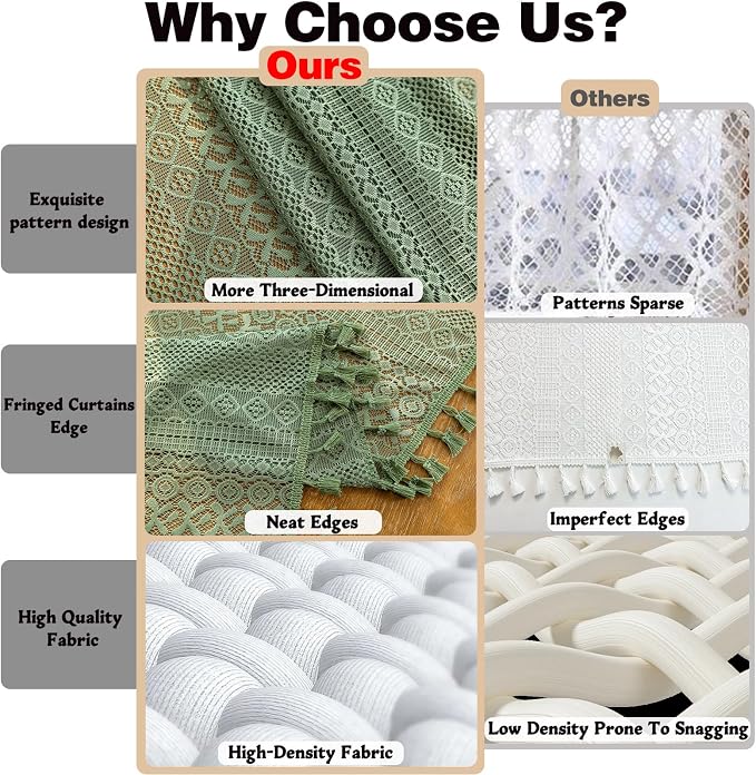 Sutuo Home Olive Green Boho Window Curtains Valance 18 inches Long 2 Panels, Farmhouse Lace Sheer Closet Decor Crochet Privacy Vintage Bohemian Tassels Retro Small Kitchen Curtains Rod Pocket, 50" W