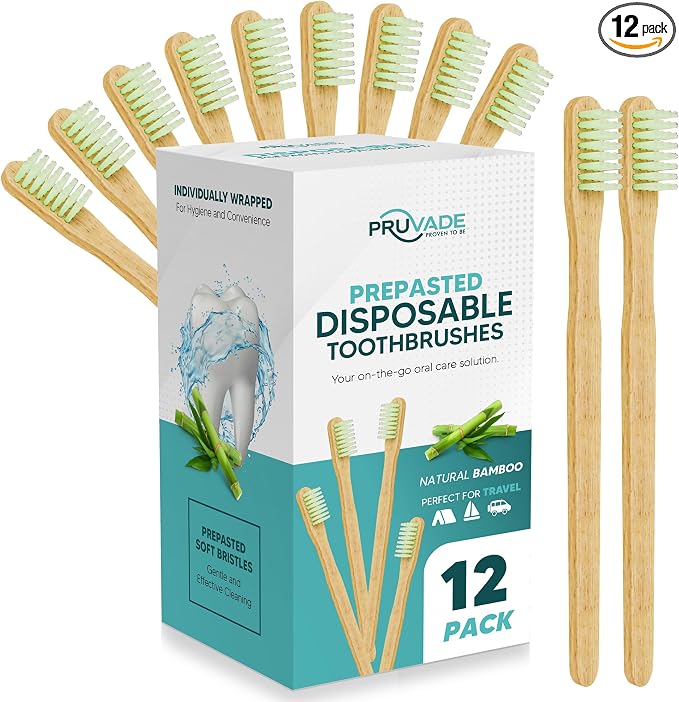 12 Pack Disposable Bamboo Toothbrushes with Toothpaste | Prepasted Toothbrushes Individually Wrapped - Single Use Waterless Tooth Brush with Soft Bristles for Hotel, Camping, Travel