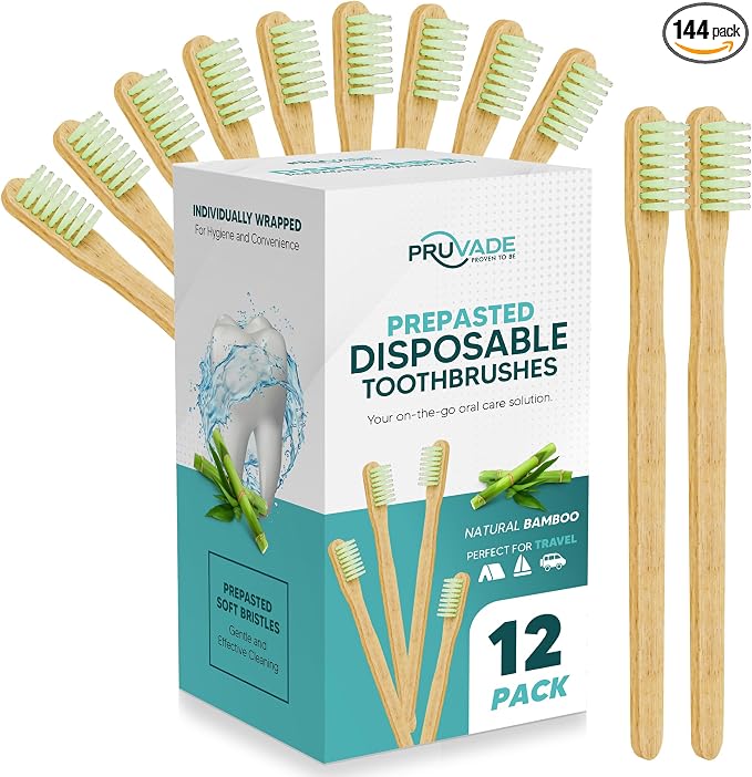 144 Pack Disposable Bamboo Toothbrushes with Toothpaste | Prepasted Toothbrushes Individually Wrapped - Single Use Waterless Tooth Brush with Soft Bristles for Work, Camping, Travel