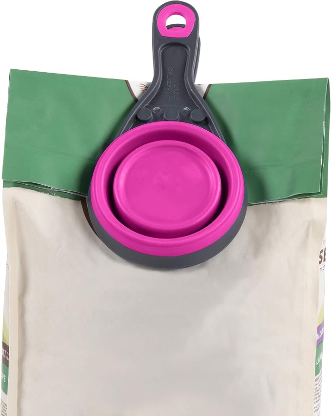 Dexas Popware for Pets Collapsible Klip Scoop, 3-in-1 Pet Food Scoop, Measuring Cup and Bag Clip, 1 Cup Capacity, Fuchsia