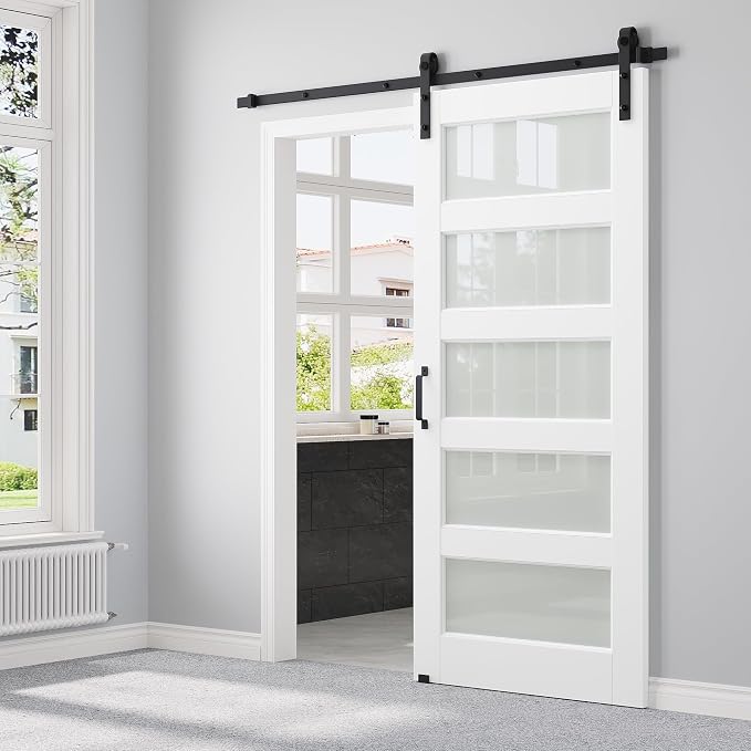 32" x 80" Pre-Assembled Sliding Barn Doors and 6FT Sliding Door Hardware Kit Included & Handle, 5-Lites Frosted Glass Barn Door for Closet Bathroom Bedroom, Solid & Water-Resistant MDF, Paintable