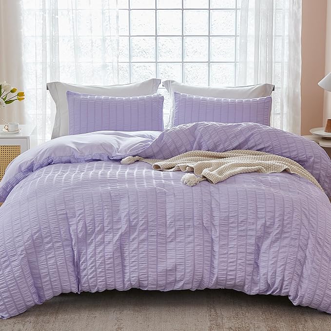 AveLom Lavender Purple Seersucker Duvet Cover Set Full (80 x 90 inches), 3 Pieces (1 Duvet Cover + 2 Pillow Cases), Ultra Soft Washed Microfiber, Textured Duvet Cover with Zipper Closure, Corner Ties