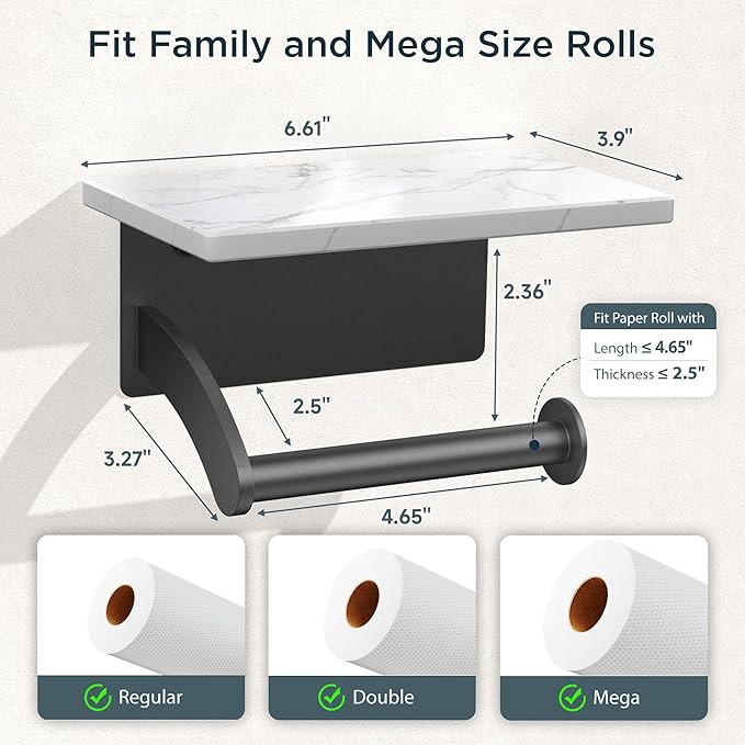 FORIOUS Toilet Paper Holder with Phone Shelf, Natural Marble Wall Mount Tissue Roll Holder for Bathroom, Washroom, 304 Stainless Steel Commercial Toilet Tissue Dispensers with Shelf, Matte Black