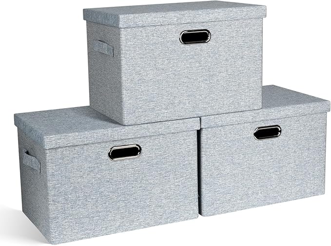 Graciadeco Large 17" 36 Quart Collapsible Stackable Storage Bins with Lids, 3 Packs Blue-Grey Linen Fabric Closet Boxes with Lids, Storage Cube Baskets Container Organizers for Bedroom (17x12x11)