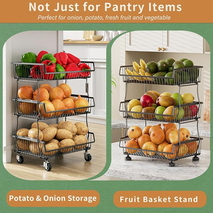 OKZEST Pantry Organizers and Storage Cart with Upgraded Metal Hub Casters | Fits under pantry shelf, Stackable fine-mesh wire baskets, 3-Tier rolling cart holds drink, snack, can, potato, onion, fruit