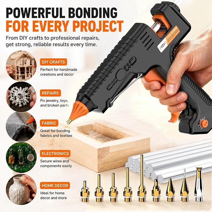 IZIO 300W Industrial Hot Glue Gun Kit with Adjustable Temperature 140°C-220°C, Heavy Duty Hot Melt Glue Gun with 9 Precision Nozzles & Glue Sticks for Woodworking, DIY Crafts, Repairs & Metal Bonding