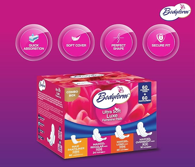 Bodyform Luxe Feminine Pads and Pantyliners Combo – 120 Count (60 Pads + 60 Liners), Ultra-Soft, Super Absorbent, Leak Protection, Daily Comfort & Freshness (Pack of 2)