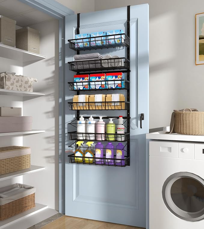 Mefirt Over The Door Pantry Organizer, Pantry Storage and Organization, 6-Tier Adjustable Hanging Baskets, Metal Wall Mount Spice Rack Seasoning Shelves for Home & Kitchen, Laundry Bathroom - Black