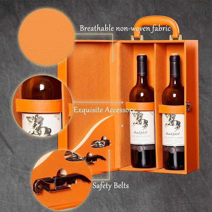 Wine Box with 2 Bottle Leatherette Top Handle Premium Wine Carrier Case Orange