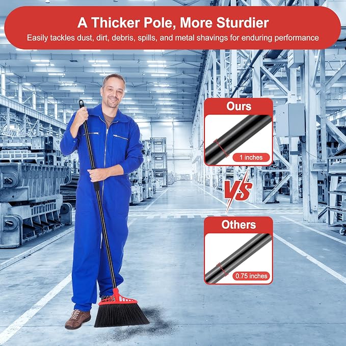 Tiumso Heavy Duty Angle Broom - 55" Adjustable Iron Handle with Stiff Bristles - Commercial-Grade Indoor/Outdoor Broom for Garage, Patio, Kitchen, Sidewalk & Concrete Cleaning (Black & Red)