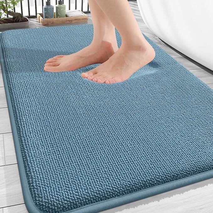 OLANLY Thick Memory Foam Bathroom Rugs 34x21, Absorbent Bath Mat, Airy Blue | Soft Quick Dry Bath Rugs Mats, Non-Slip, Machine Washable Carpet for Bathroom Floor, Tub and Shower, Home Decor Accessories