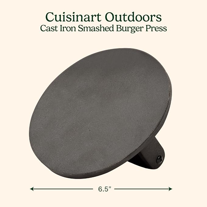 Cuisinart Smash Burger Press, Cast Iron, 6.5" Round Burger Smasher | CISB-111, hamburger press with round flat edge for crispy carmelization, the go-to grill press for indoor and outdoor cooking